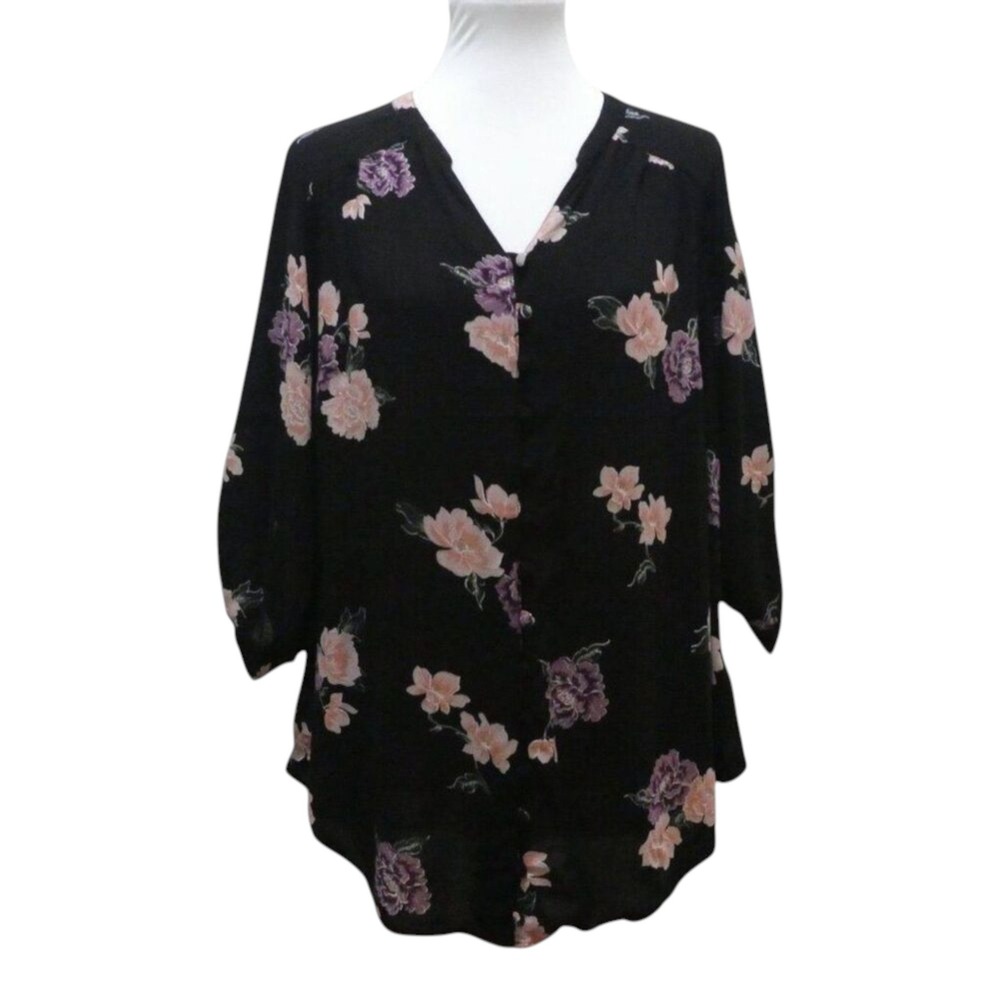 Torrid Floral Button Front Blouse Womens Size 2X Black Purple Roll Tab Tunic